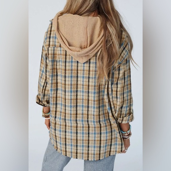 Drawstring Plaid Button Up Hooded Shacket - Picture 2 of 6